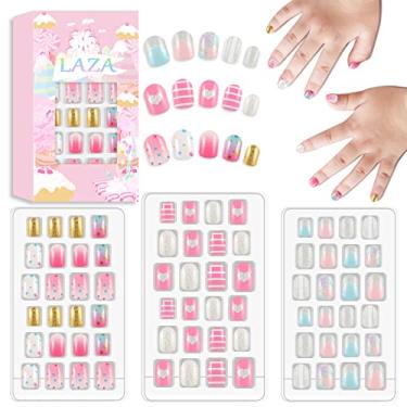 Imagem de Laza 72 peças de unhas pré-cola, pré-cola, dourada, prata, glitter, rosa, azul, concha, estrela, coração, curto, unhas postiças para crianças adolescentes – Estrelas com glitter