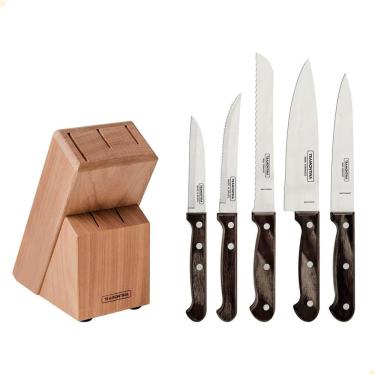 Imagem de Jogo de Facas Tramontina Polywood Lâmina Inox Cabo Madeira Tratada Castanho C/Suporte Madeira 6Pçs