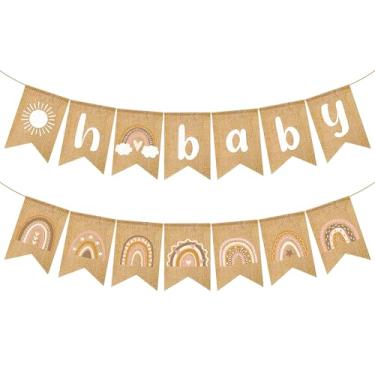 Imagem de ANGOLIO Banner de serapilheira para chá de bebê boho arco-íris, decoração de parede boho arco-íris padrão de com corda boho chuveiro pendurado banner sinal decoração tema festa