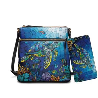 Imagem de Rchsomd Bolsa Hobo transversal e conjunto de carteira para mulheres, bolsa de couro PU com alça ajustável para trabalho, viagens, passeios, Azul - Estampa de peixe coral tartaruga de vitral, One Size