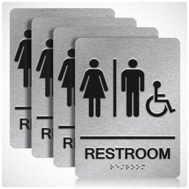 Imagem de DALLAHASEE Placa de banheiro unissex ADA Braille para deficientes físicos com fita dupla face 3M (pacote com 4) - Placa de banheiro unissex para deficientes de alumínio 15 x 20 cm para escritórios e