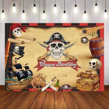Imagem de Aumeko 2,1 x 1,5 m, cenário de aniversário pirata, vintage, mapa de navio pirata, fundo do tesouro, decoração de festa de pirata, adereços para cabine fotográfica (2,1 x 1,5 m)