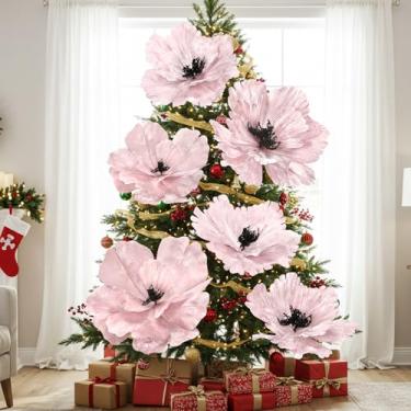 Imagem de Janinka 6 peças de flores de Natal extragrandes 56 cm 30,5 cm com magnólia rosa, decoração de árvore de Natal, enfeites de poinsétias artificiais de Natal grandes para guirlanda de árvore de Natal