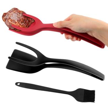 Imagem de 2 espátulas de ovo com escova de silicone, pinça de espátula 2 em 1 com pegador e flipper de ovo, ferramenta de cozinha doméstica (preto + vermelho)