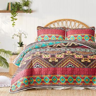 Imagem de Conjunto de 3 peças de colcha boêmio colorido tamanho queen completo, bordô n marrom boho listrado conjunto de colcha de cama para o verão, colcha de microfibra leve e macia com 2 fronhas (88 x 88 inces)