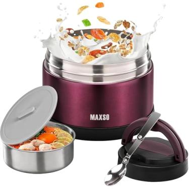 Imagem de MAXSO Pote de comida para comida quente - Sopa térmica de 680 g para adultos recipientes de almoço isolados a vácuo com colher dobrável e bolsa térmica, caixa Bento à prova de vazamento de boca larga