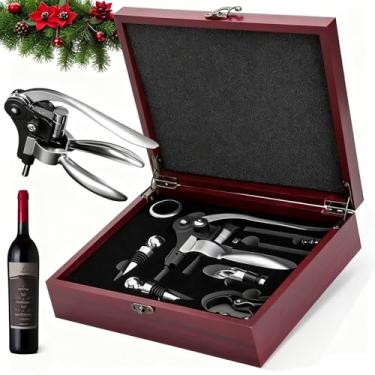 Imagem de Abridor de garrafas de vinho, saca-rolhas conjunto de presente de vinho, 8 peças saca-rolhas manual abridor de vinho com caixa de madeira clássica, kit abridor de vinho de aço inoxidável, presentes de