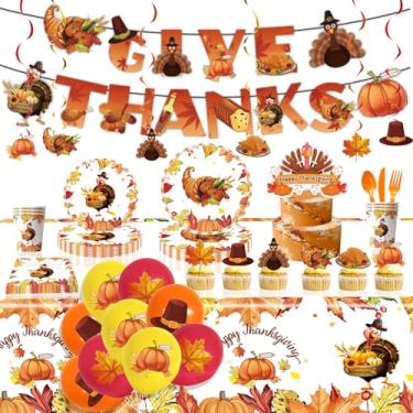 Imagem de Sekeline Fall Thanksgiving Party Decorations include Give Thanks Banner, Maple-Leaf Pumpkin Ballons, Hanging Swirls, Cake Toppers, Plates Napkins Cups Tablecloth for Thanksgiving Party Supplies Decor