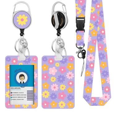 Imagem de Cordões de flores para crachá de identificação, suporte de crachá de identificação com clipe retrátil e chaveiro, capa protetora de crachá de identidade vertical com etiqueta de nome para estudante