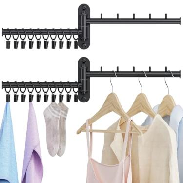 Imagem de NANAGIFTREE Estante de secagem montado na parede, escorredor de roupa de 2 camadas com braço giratório, cabide dobrável para roupas de lavanderia com 10 clipes para lavanderia organizador de armário