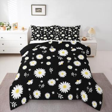 Imagem de Feelyou Jogo de cama solteiro com estampa floral botânica e preto e branco, para crianças, meninos, meninas, flores, edredom com tema natural, 2 peças com 1 fronha