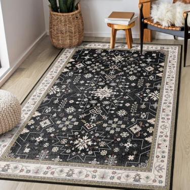 Imagem de MUJOO Tapete lavável preto 7,5 x 12,5 cm, boho para entrada, cozinha, entrada, quarto, hall de cabeceira, antiderrapante, para uso interno, vintage, pilha baixa