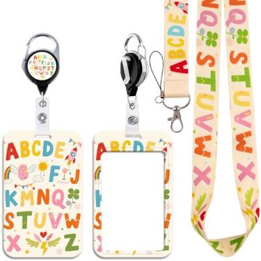 Imagem de BKBKAAK Cordão de professor para crachás de identificação, suporte de cartão de identificação de plástico escolar com clipe retrátil resistente, cordão de chaveiro com padrão de alfabeto colorido para