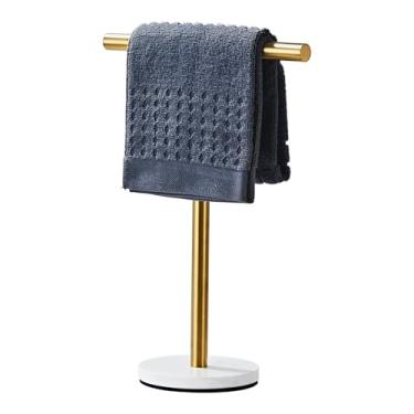 Imagem de Suporte de toalha de mão, toalheiro independente em forma de T para bancada de banheiro e cozinha com acabamento dourado escovado e base de mármore