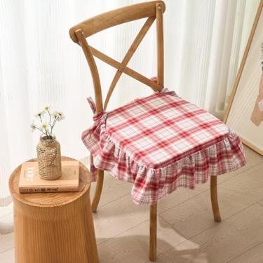 Imagem de vctops Almofada de cadeira xadrez de algodão para cozinha, sala de jantar, quinta, tartã escocês, almofada de assento fina, espuma macia, antiderrapante, com capa removível (vermelha, 40,6 x 40,6 cm)