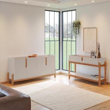 Imagem de Buffet 170cm e Aparador 2 Gavetas com Pés de Madeira Maciça Lizz Off White / Cedro