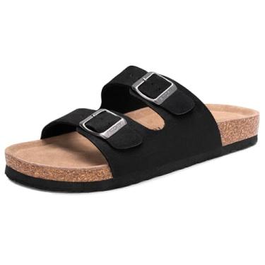 Imagem de FITORY Sandálias femininas planas com palmilha de cortiça, bico aberto, chinelos ajustáveis para o verão tamanho 6-11, Camurça preta, 38