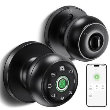 Imagem de GeekTale Fechadura de porta de impressão digital para quartos, maçaneta de porta com impressão digital com fechadura, fechadura inteligente, controle de aplicativo, chaves de reserva, maçaneta de