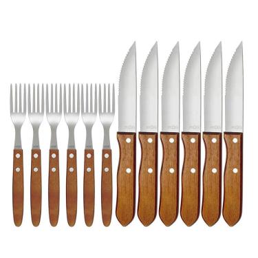 Imagem de Conjunto Kit Churrasco Talheres 12pçs Garfos + Facas Inox Cabo Madeira - MR8 3931