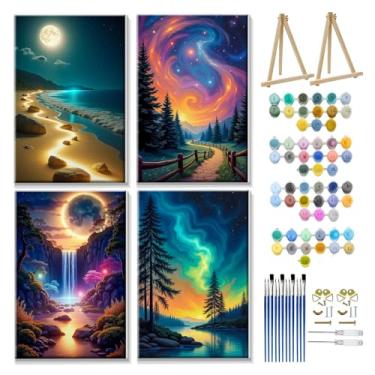 Imagem de JOOZ Kit de pintura por números para adultos com moldura, tinta aurora por número, com cavalete faça você mesmo, montanha, paisagem, adultos, kits de pintura a óleo da lua para decoração de parede de