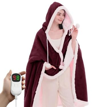 Imagem de PLOATH Xale de cobertor elétrico aquecido: poncho aquecido - cobertor vestível com capuz sherpa com 10 níveis de calor e várias configurações de tempo de aquecimento (101 x 172 cm vermelho vinho)
