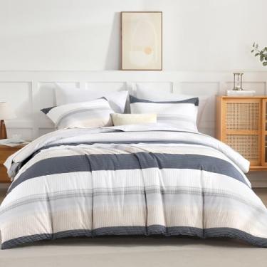 Imagem de Andency Conjunto de edredom King Size amarelo e azul – 7 peças de cama leve listrado azul em uma bolsa, microfibra macia reversível com edredom, lençol de cima, fronhas e fronhas