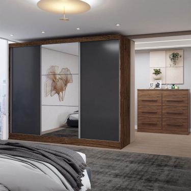 Imagem de Guarda-Roupa Casal Europa 3 Portas 10 Gavetas 100% Mdf com Espelho Castanho/Preto - Panorama Móveis