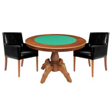 Imagem de Mesa de Jogos Carteado Redonda Montreal Tampo Reversível Amêndoa com 2 Cadeiras Liverpool Corino Preto Liso - Gran Belo