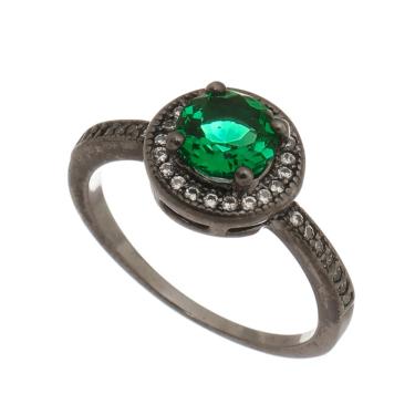 Imagem de Anel Redondo Cristal Esmeralda Cravejado com Zirconias Brancas em Prata com Ródio Negro Coleção Trend Green
