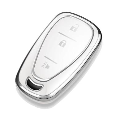 Imagem de Tukellen Capa para Chevrolet Key Fob Special Soft TPU Key Case Key Shell Compatível com Chevy Blazer Bolt EV Camaro Cruze Equinox Malibu Sonic Spark Traverse 2016-2024 (branco, 3 botões)