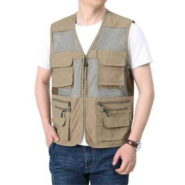 Imagem de Colete De Pesca Ao Ar Livre, Colete Casual Para Homem Com Vários Bolsos Malha Respirável Fecho Cargo Sem Mangas, Casaco De Trabalho Campismo Prova Vento Impermeável Aberto(Khaki,3XL)