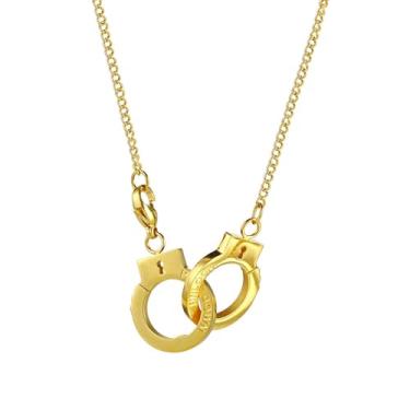 Imagem de JEGPWBKT Colar de aço inoxidável com pingente de algemas gravado, banhado a ouro, joia infinita interligada, 24.49mm*0.79mm, Aço inoxidável, Zircônia cúbica