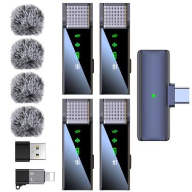 Imagem de ZERFUN Sistema de microfone de lapela sem fio Pro 4 para iPhone, Android, PC, laptop, com USB C/Lightning, 48 kHz 24 bits, reverberação, cancelamento de ruído para gravação de vídeo, podcast, stream