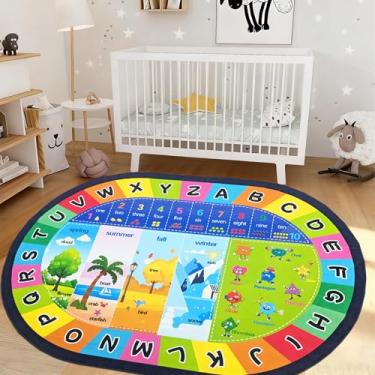 Imagem de USTIDE Tapete oval infantil 1,8 m x 18 cm, letras do alfabeto ABC, educativo e divertido, tapete para sala de aula | Estação, formas, clima, tapete antiderrapante para sala de jogos