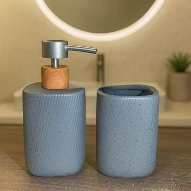 Imagem de Kit Banheiro Cerâmica 2 Peças - Porta Sabonete Líquido e Porta Escova para Decoração Lavabo(GRANITO CINZA)