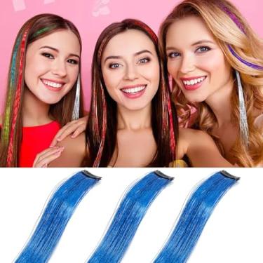 Imagem de Grampos de cabelo com tinsel de cabelo colorido 3 peças, 19,8 polegadas 1060 fios decorações de cabelo coloridas acessórios de grampos de cabelo (pacote com 3, azul#)