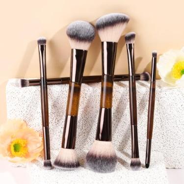Imagem de Pincéis de maquiagem de ponta dupla de 6 peças com alças de borracha, pincéis veganos de contorno de cerdas macias, para misturar cremes líquidos, base e blush (café)