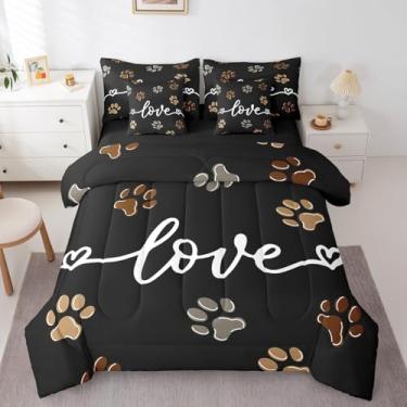 Imagem de Erosebridal Jogo de cama solteiro com desenho de pata de cachorro, 7 peças, estampa geométrica ondulada de coração preto, para crianças, meninos, meninas, animais de estimação, conjunto de lençol com