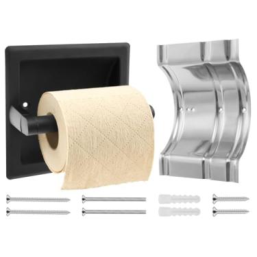 Imagem de Suporte de papel higiênico embutido preto fosco para rolos, suporte de papel higiênico preto giratório de aço inoxidável montado na parede, suporte de papel higiênico com suporte para banheiro