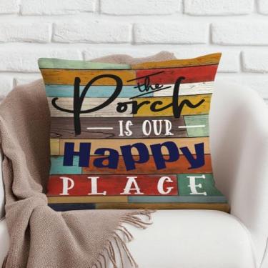 Imagem de Capas de almofada The Porch is Our Happy Place, 45,7 x 45,7 cm, fronha para sofá de cama e banco de fazenda, decoração de varanda - Presentes de inauguração de casa