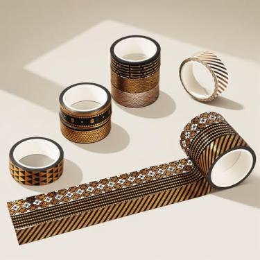 Imagem de Conjunto de adesivos Washi de carimbo geométrico preto dourado, adesivos decorativos de bronzeamento para artes faça-você-mesmo artesanato suprimentos de diário scrapbook cartão embrulho de presente