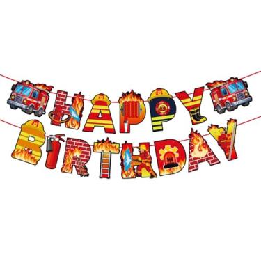 Imagem de Banner de feliz aniversário com tema de caminhão de bombeiros para decoração de festa de aniversário de bombeiros