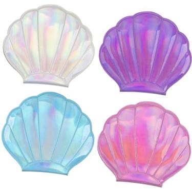 Imagem de Framendino, Pacote com 4 espelhos portáteis com glitter em forma de concha dobráveis para maquiagem de viagem espelho de ampliação de dupla face pequeno espelho compacto de concha mini espelho de mão para mulheres e meninas