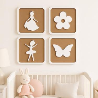 Imagem de Conjunto 4 Quadros Decorativos Infantil Menina em MDF Cru e em Relevo Branco