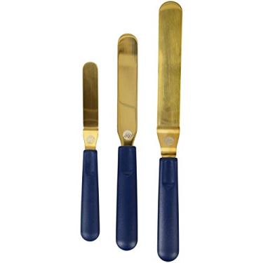 Imagem de Wilton Conjunto de espátulas de confeiteiro azul marinho e dourado - Conjunto de espátula para decoração de bolos, cobertura e cobertura - 3 espátulas angulares de 22, 28, 33 cm