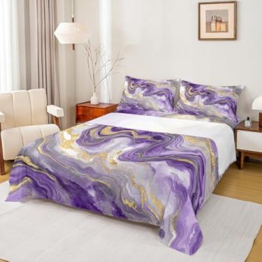 Imagem de Erosebridal Jogo de lençol com veia de mármore para homens e mulheres, roxo gradiente, tie dye, minimalista, arte fluida de tinta, lençol de cima, design de textura de mármore abstrato, efeito de