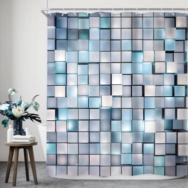 Imagem de Riyidecor Cortina de chuveiro azul branca 152 cm L x 182 cm A abstrata 3D parede tijolo moderno design gradiente geométrico futurista cubos xadrez homens meninos decoração de banheiro tecido poliéster