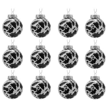 Imagem de MotiveTech Conjunto de 12 bolas de Natal com estampa de vaca, medindo 6 cm (2,4 polegadas), para decoração de guirlandas e enfeites rústicos para pendurar na, Preto Branco
