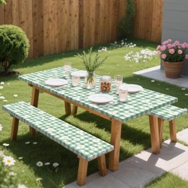 Imagem de Capa de mesa de piquenique verde com capas de banco, 3 peças, capa de mesa elástica impermeável para piquenique ao ar livre, itens essenciais para acampamento ao ar livre com bolsa, toalha de mesa à