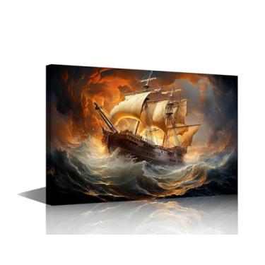 Imagem de Pinturas de parede de caverna para sala de estar, navio pirata, oceano tempestuoso, imagens ao pôr do sol, impressão em tela, fantasia, barco, parede, decoração, quarto, escritório, arte giclée